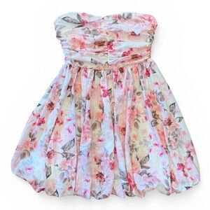 Showpo Women’s Mini Strapless Bubble Hem Dress Pink White Floral Size 6